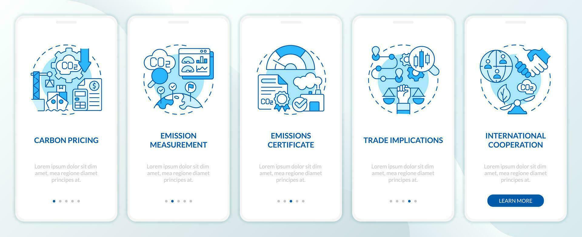 Blue linear icons representing carbon border adjustment mobile app screen set. 5 steps graphic instructions, UI, UX, GUI template. vector