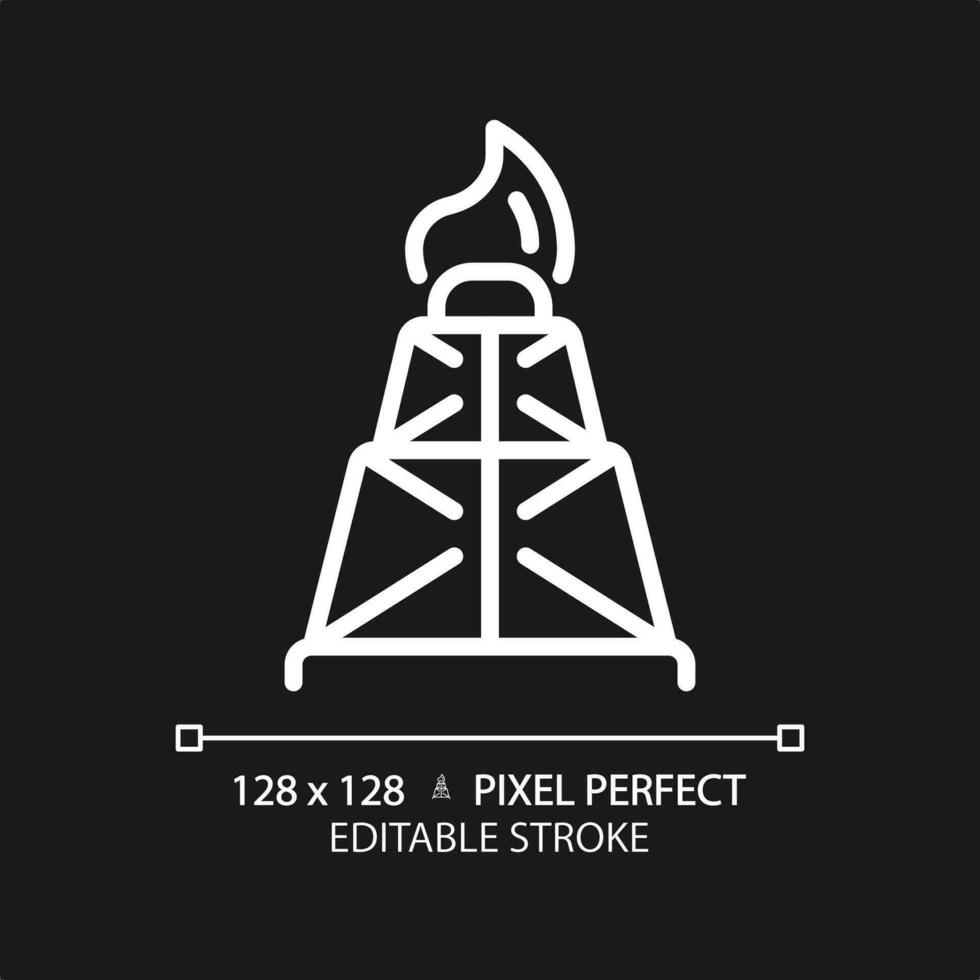 Drilling rig white linear icon for dark theme. Oil well. Offshore platform. Petroleum industry. Gas exploration. Thin line illustration. Isolated symbol for night mode. Editable stroke vector