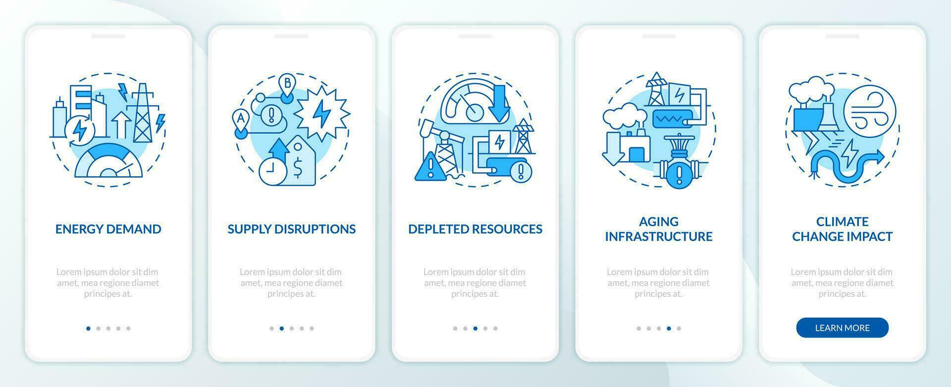 2D thin line blue icons representing carbon border adjustment mobile app screen set. 5 steps graphic instructions, UI, UX, GUI template. vector