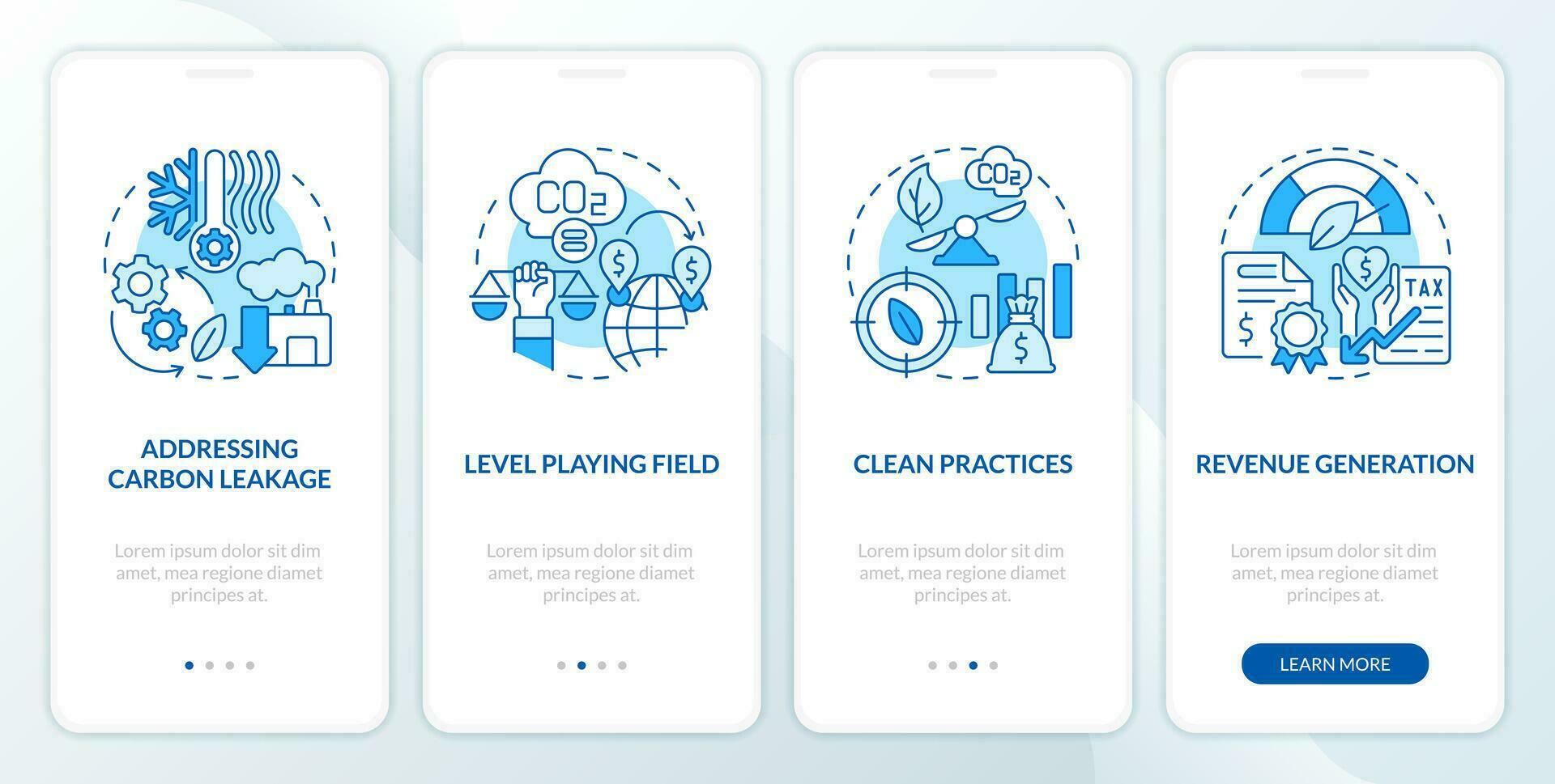 Linear blue icons representing carbon border adjustment mobile app screen set. 4 steps graphic instructions, UI, UX, GUI template. vector