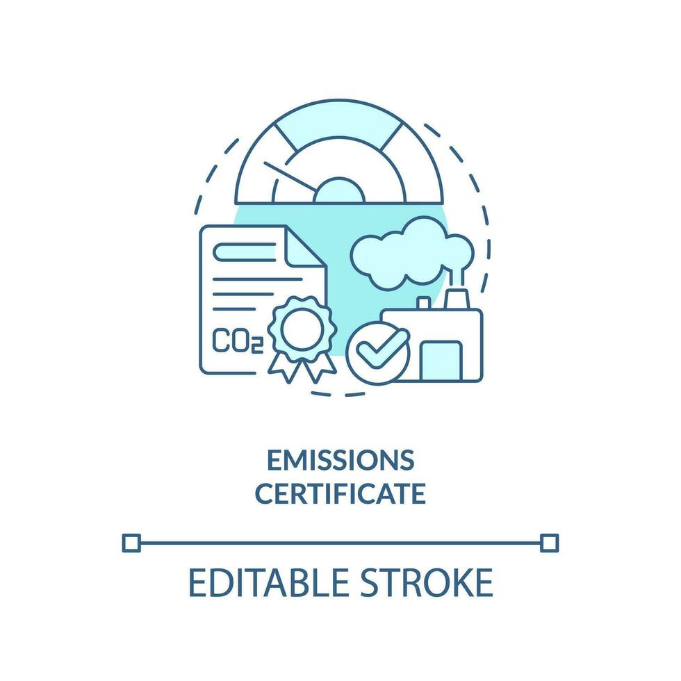 Editable emissions certificate linear concept, isolated vector, blue thin line icon representing carbon border adjustment. vector