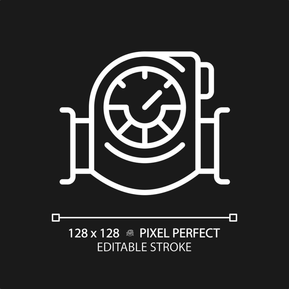 Pressure gauge white linear icon for dark theme. Industrial application. Pressure measure. Pneumatic system. Quality control. Thin line illustration. Isolated symbol for night mode. Editable stroke vector