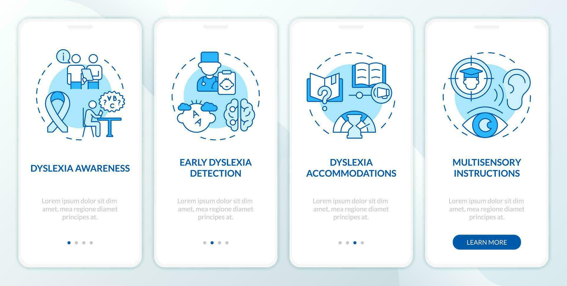 2D blue icons representing sustainable fashion mobile app screen set. Walkthrough 4 steps graphic instructions with line icons concept, UI, UX, GUI template. vector