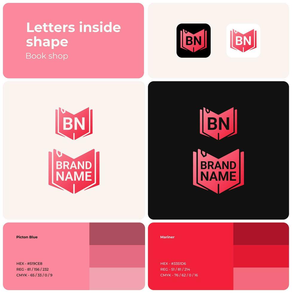 2D book shop logo with brand name. Red icon. Design element and visual identity. Template with font. Suitable for book, literature, store, shopping, library. vector