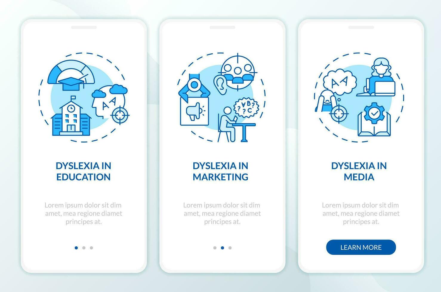 2D icons representing sustainable fashion mobile app screen set. Walkthrough 3 steps blue graphic instructions with simple thin linear icons concept, UI, UX, GUI template. vector