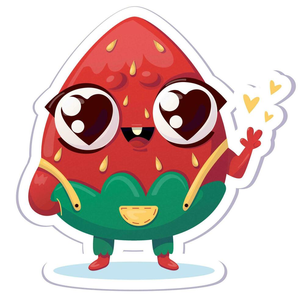 Vector illustration of strawberry character sticker with cute expression, cool, funny, strawberry isolated