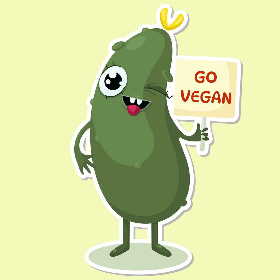 Vamos vegano Pepino linda personaje pegatina. linda expresión, vegetariano emoción de Pepino aislado vector