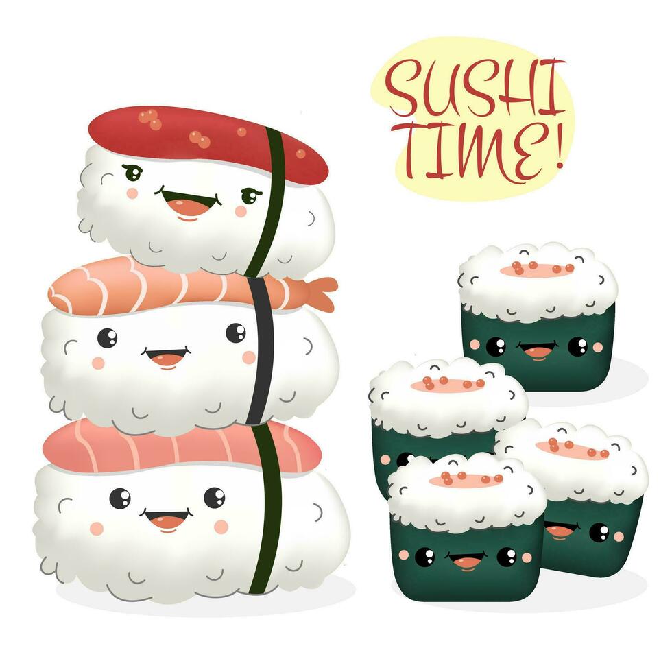 cute sushi time kawaii style with smiling face vector