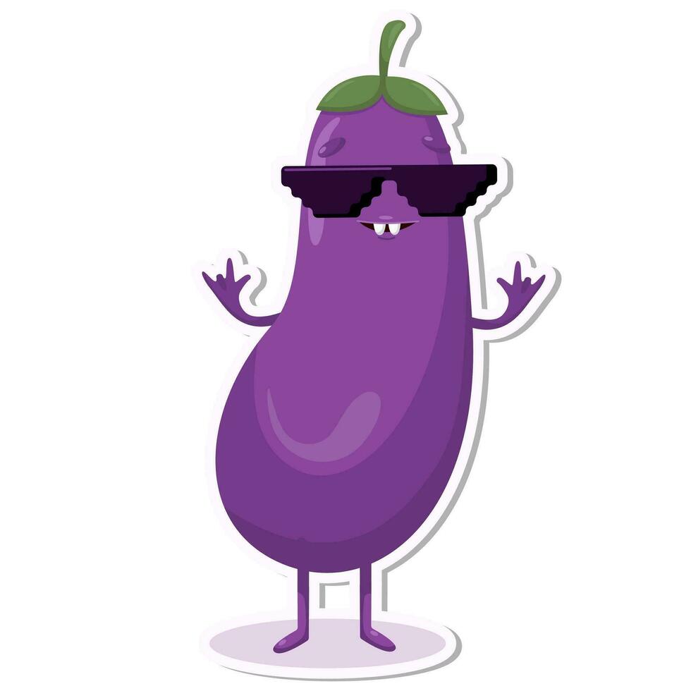 Vector illustration of eggplant character stickers with cute expression, cool, funny, eggplant isolated, cartoon style