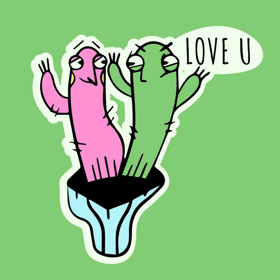 Love u.sticker of cute cactus in flowerpot. vector