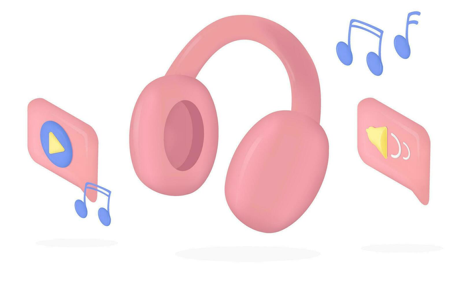Headphones music notes and music buttons 3d vector