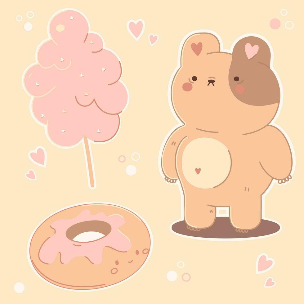 linda pegatinas kawaii oso, donut, algodón caramelo vector