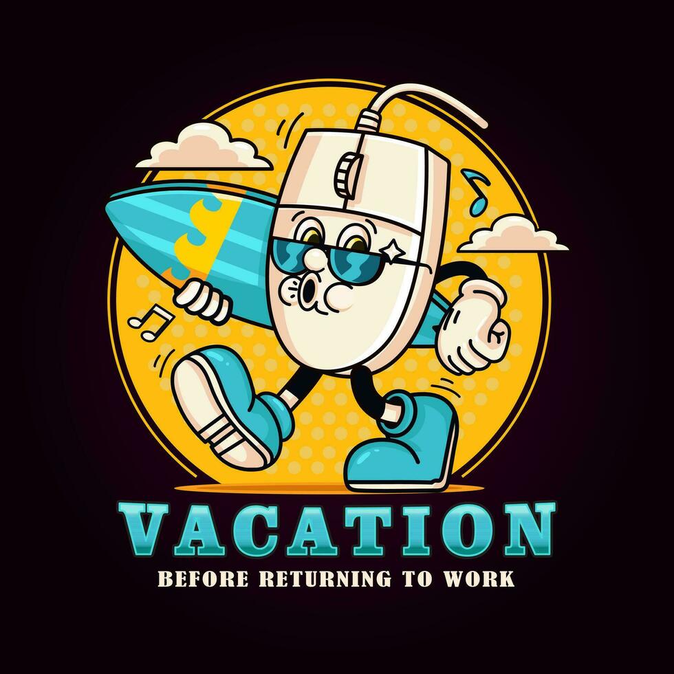 Retro computer mouse cartoon character on vacation with a surfboard. Suitable for logos, mascots, t-shirts, stickers and posters vector