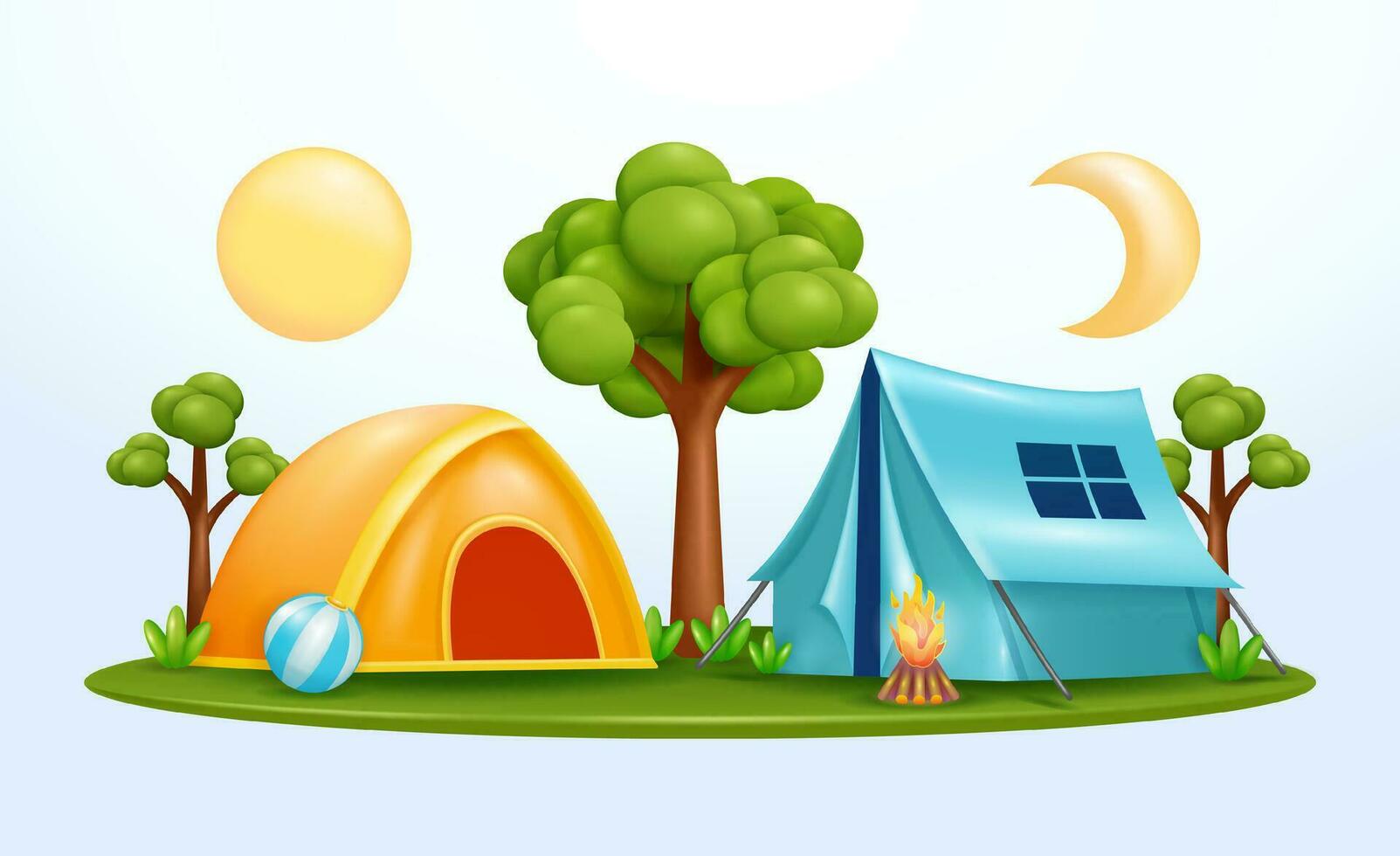 Camping in the forest. Pair of tents camping in forest with campfire, trees, ball, day and night changes. 3d vector suitable for banners, posters, websites and social media