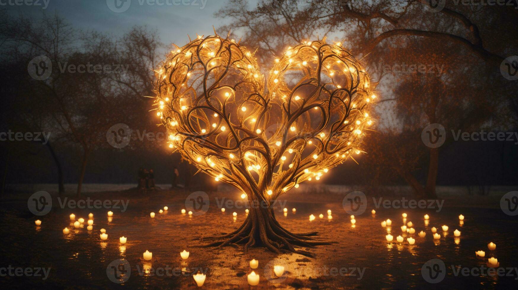 Sparkle Glowing Heart reflected lights, orange and gold, captivating visual, Romantic scenery, dreamy, copy space, greeting card, AI Generative photo