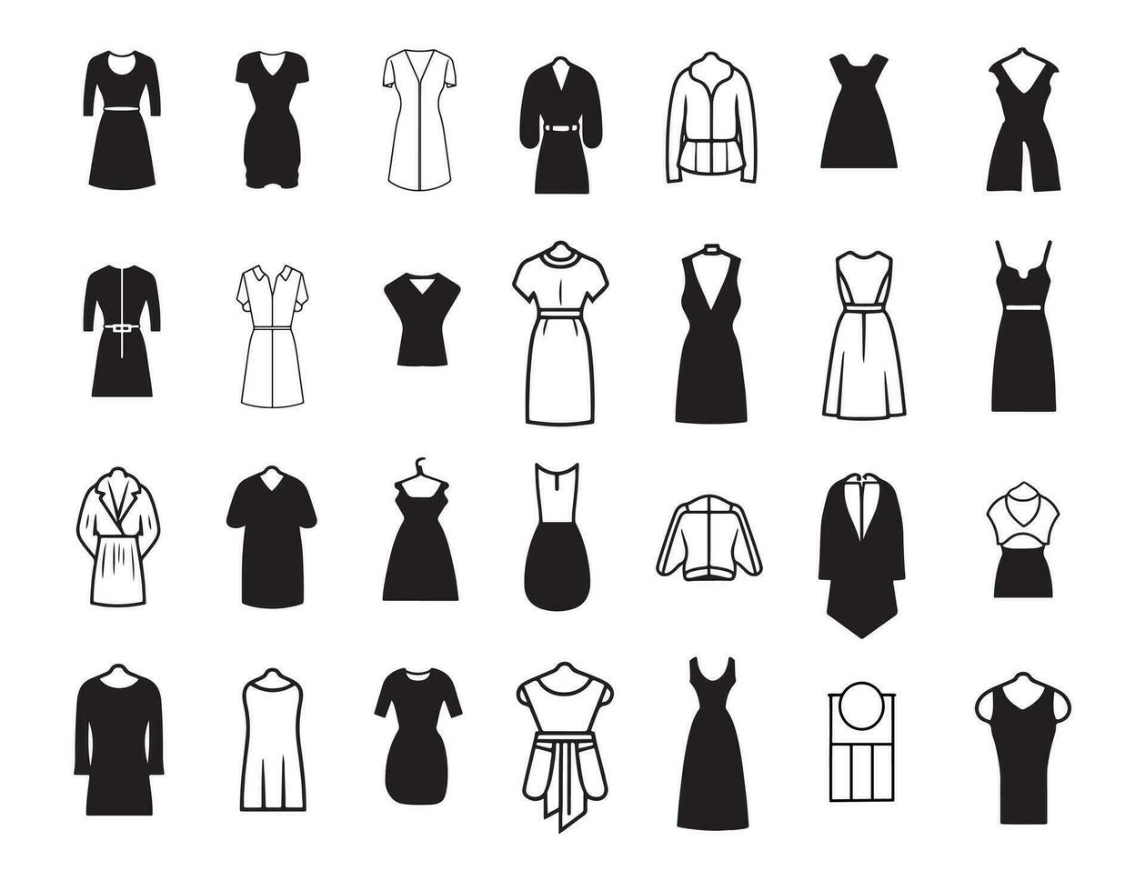 conjunto de mujer ropa iconos, Delgado línea estilo. vector