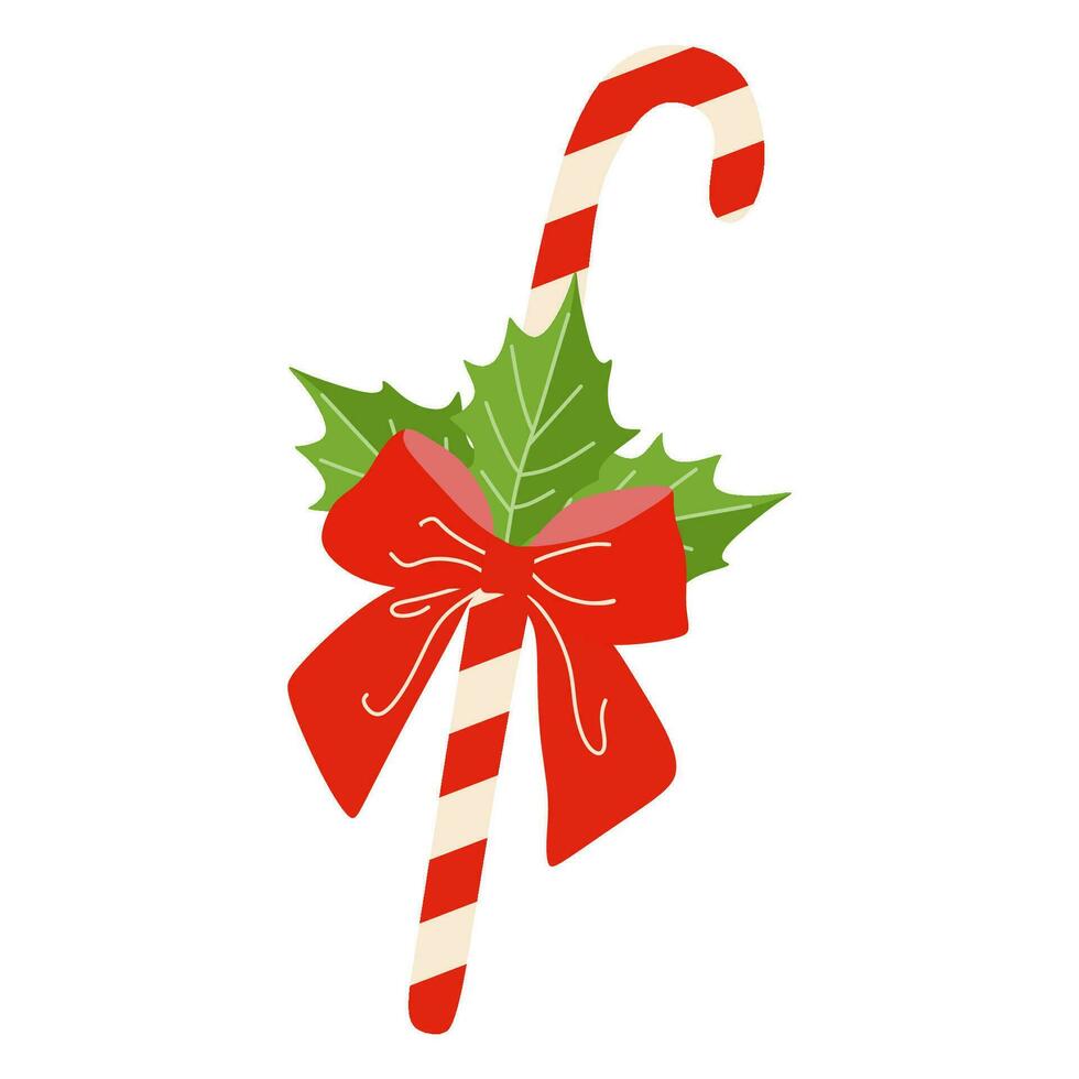 Navidad caramelo caña con acebo hojas y rojo cinta arco. vector plano estilo ilustración. estacional Navidad decoración aislado en blanco, a rayas dulce, color diseño elemento para tarjeta postal, bandera, pegatina