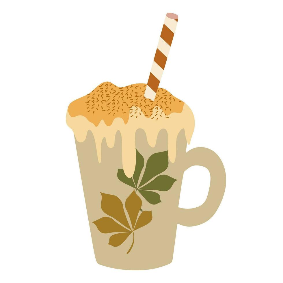 Autumn Pumpkin Spice latte in Porcelain cup with Chestnut leaves. Flat vector illustration Coffee with Whipped Cream and Drinking straw. Fall season hot sweet drink isolated on white background