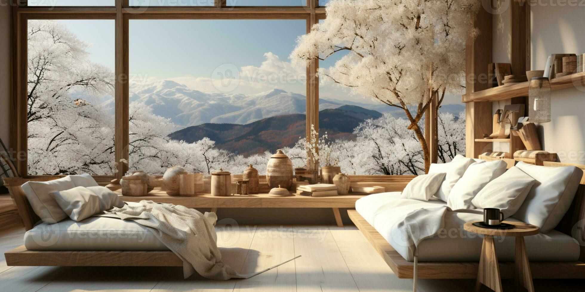 Interior Design, Minimalistic Living room with serene nature view, Beautiful villa design in the forest, AI Generative photo