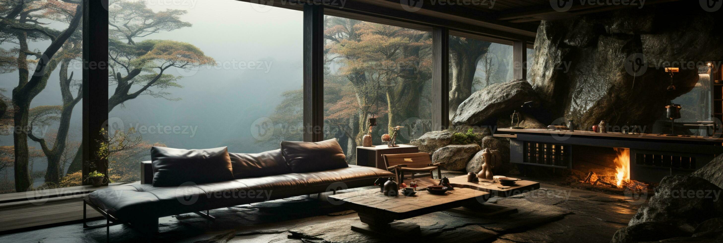 Interior Design, Living room with serene nature view, Beautiful mansion design in the forest, AI Generative photo