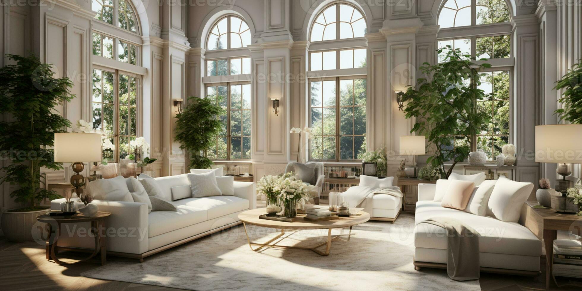 Interior Design Luxurious modern Living room, minimal tall window, Cozy sofa, serene nature scenery, Elegant villa, AI Generative photo
