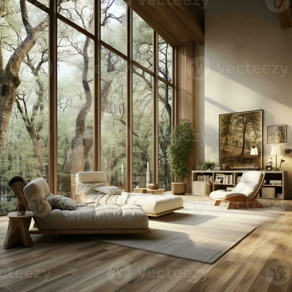 Interior Design, Minimalistic Living room with serene nature view, Beautiful villa design in the forest, AI Generative photo
