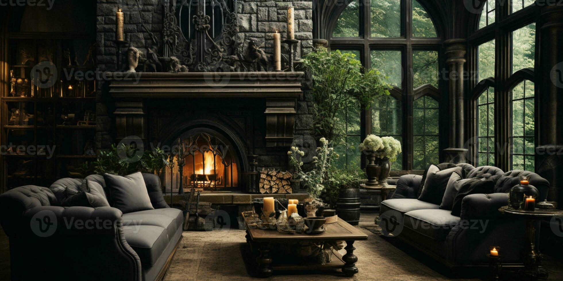 Interior Design, Beautiful Living room Gothic Style, Luxury Mansion, Elegant tall window, AI Generative photo