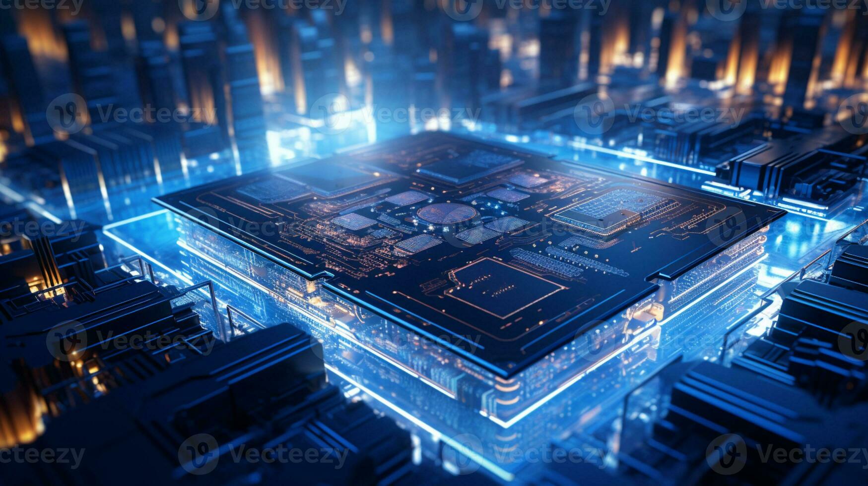 High-tech Computer chip close up shot, production of electronic, circuit board, futuristic design, extreme detail, AI Generative photo