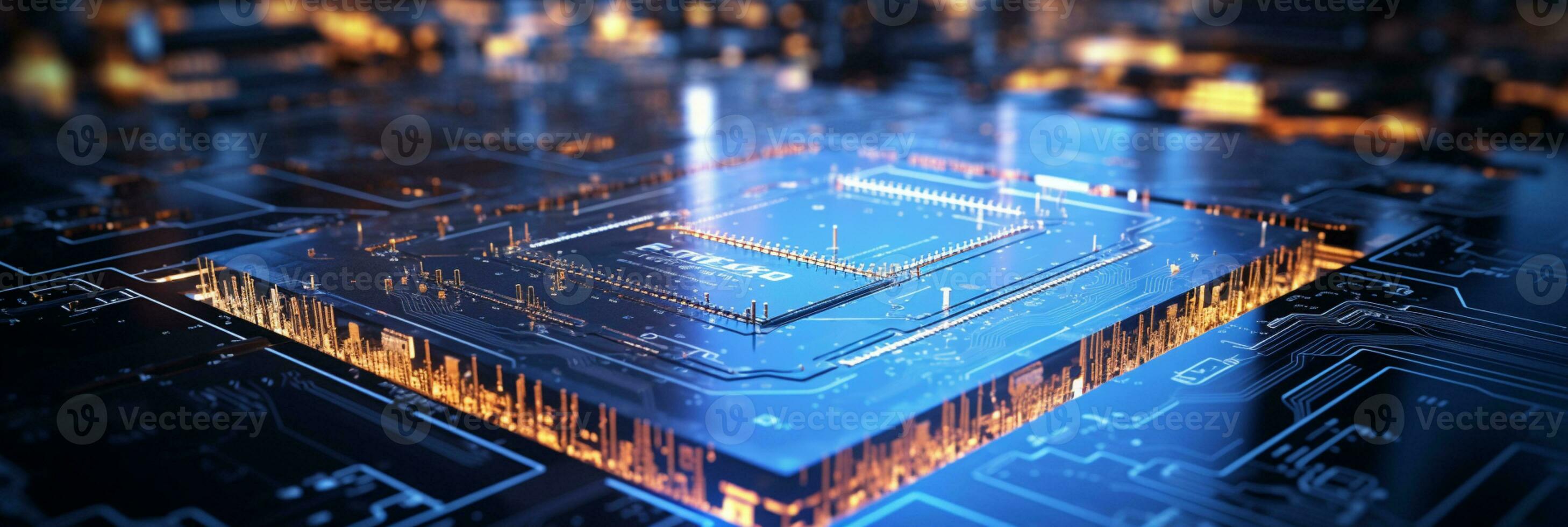 High-tech Computer chip close up shot, production of electronic, circuit board, futuristic design, extreme detail, AI Generative photo
