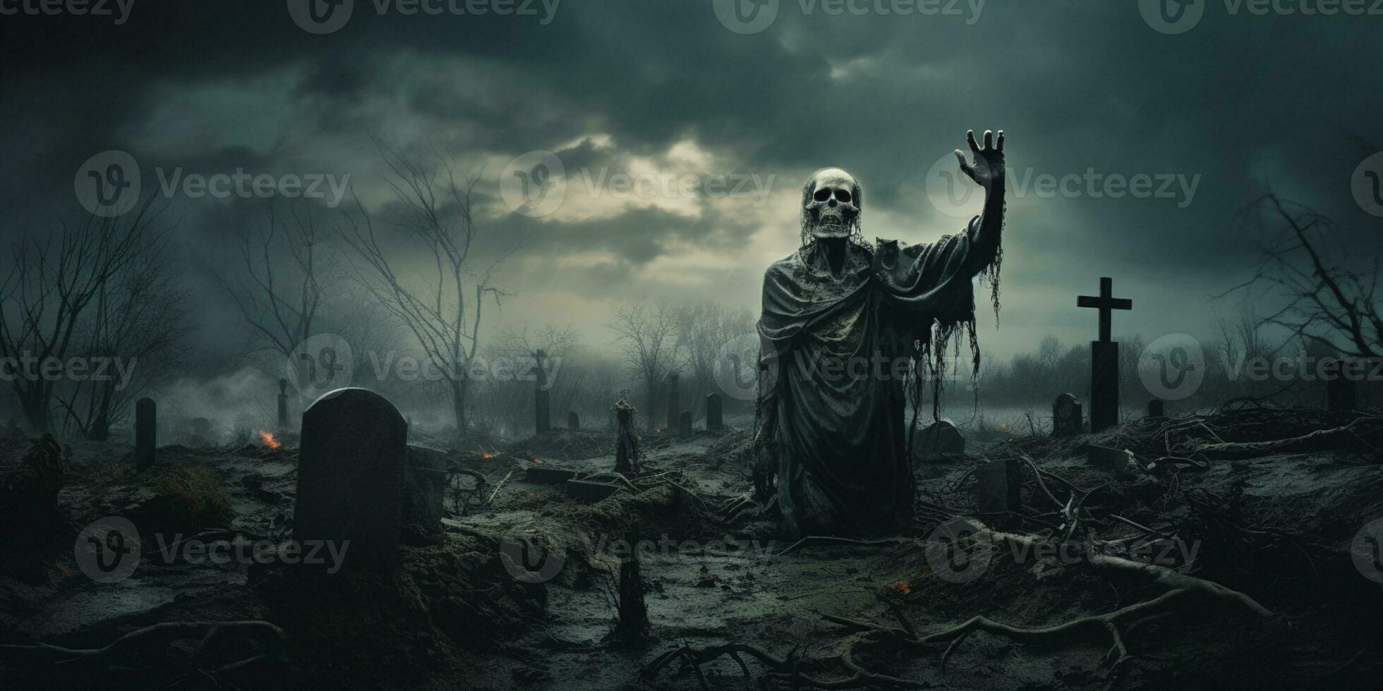 Ghost scenery Halloween background, Zombie Apocalypse, scary haunted cemetery, AI Generative photo