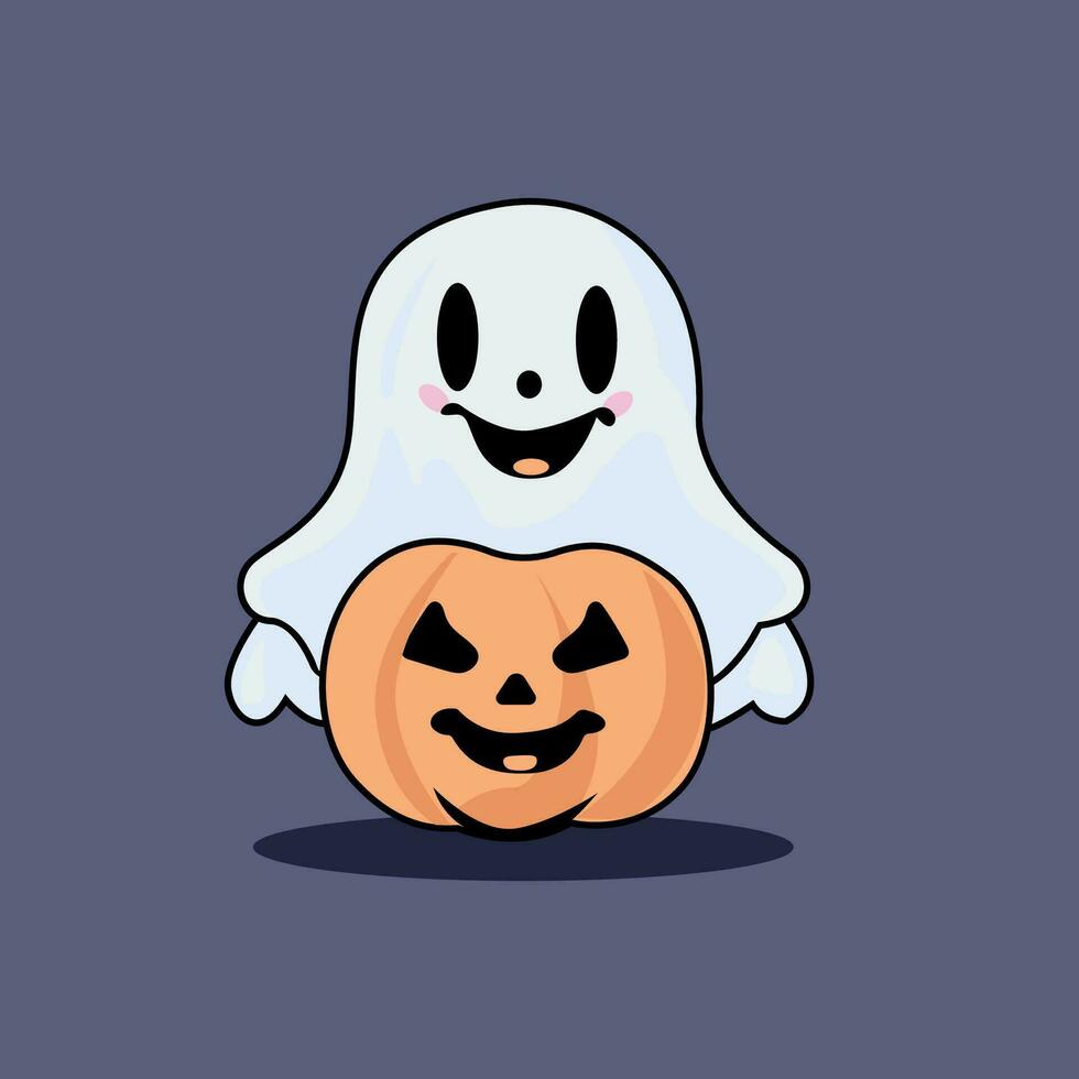 Vector illustration of a ghost with a pumpkin. In cartoon style