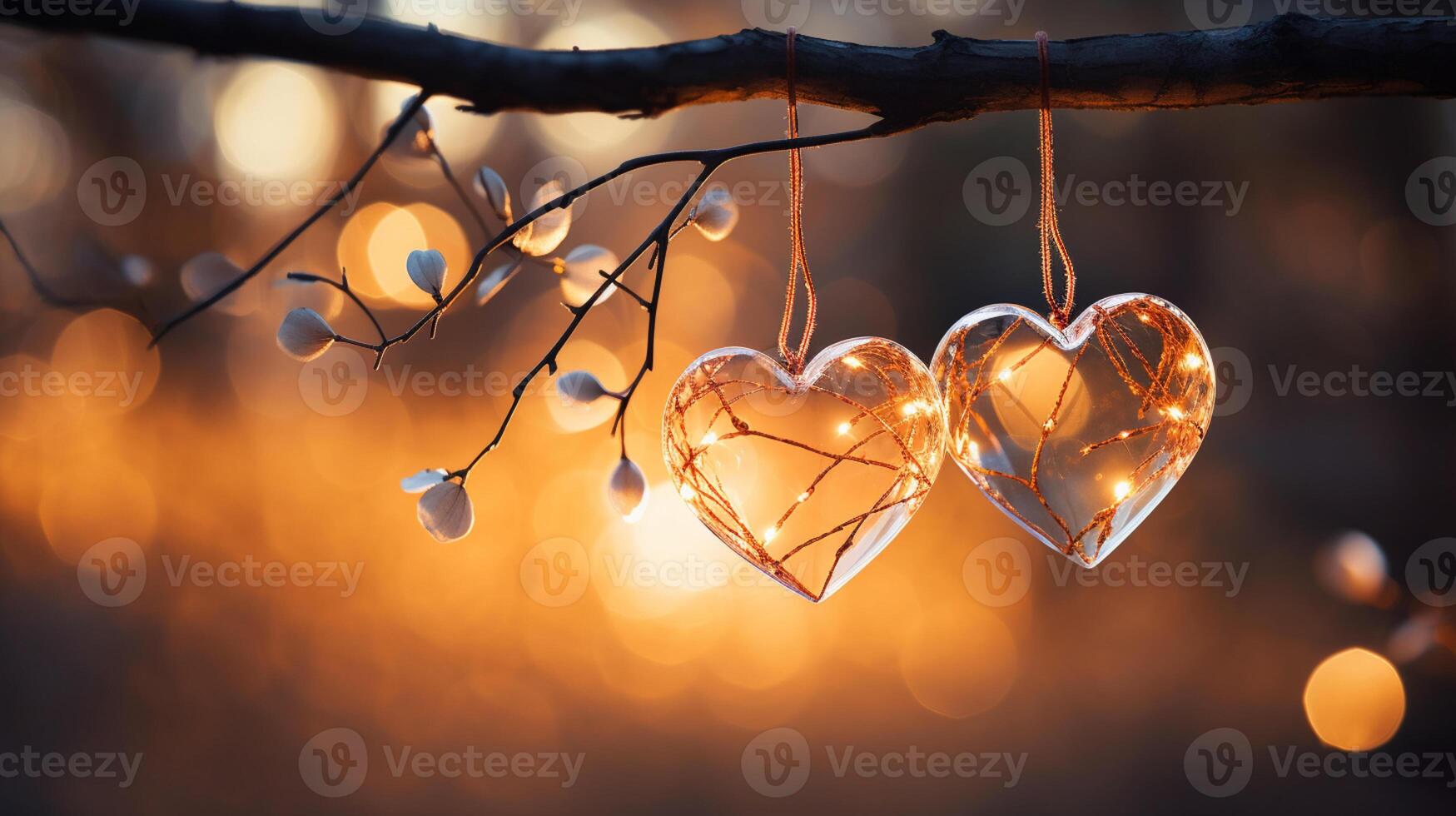 Sparkle Glowing Heart reflected lights, orange and gold, captivating visual, Romantic scenery, dreamy, copy space, greeting card, AI Generative photo