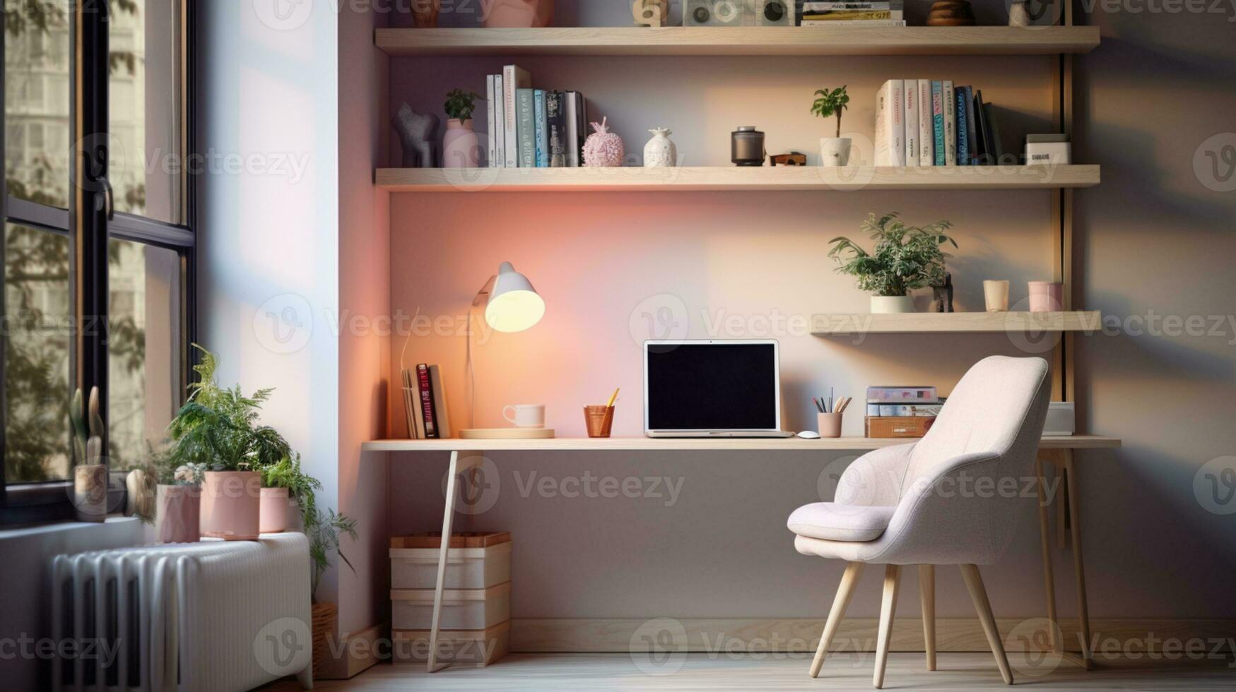 Contemporary furnished home office, comfortable office, workspace with desk and chair, stylish interior design, AI Generative photo