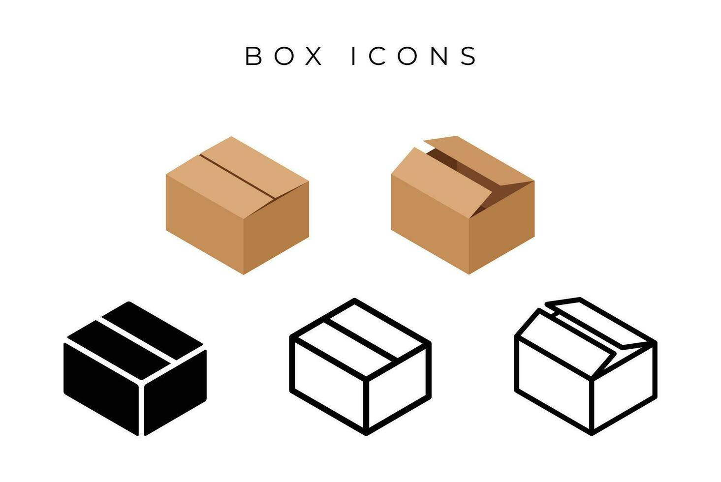 Color, outline and flat cardboard box or delivery icon set vector