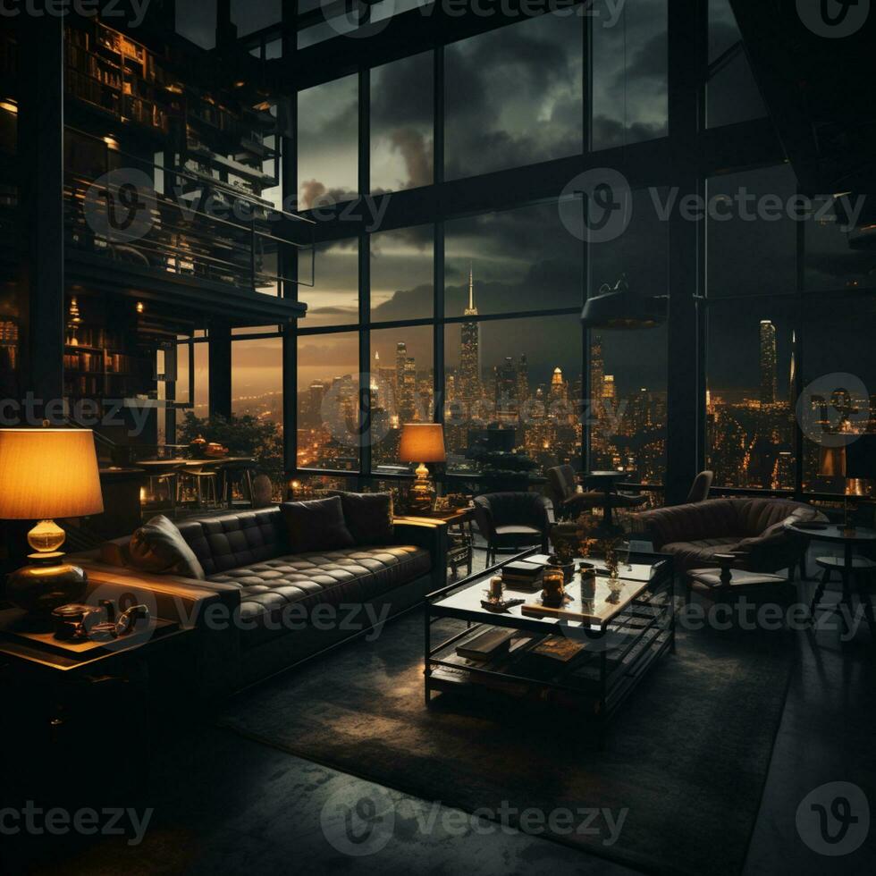 Interior Design modern Living room, windows show stunning view of the city skyline, Empty room apartment, AI Generative photo