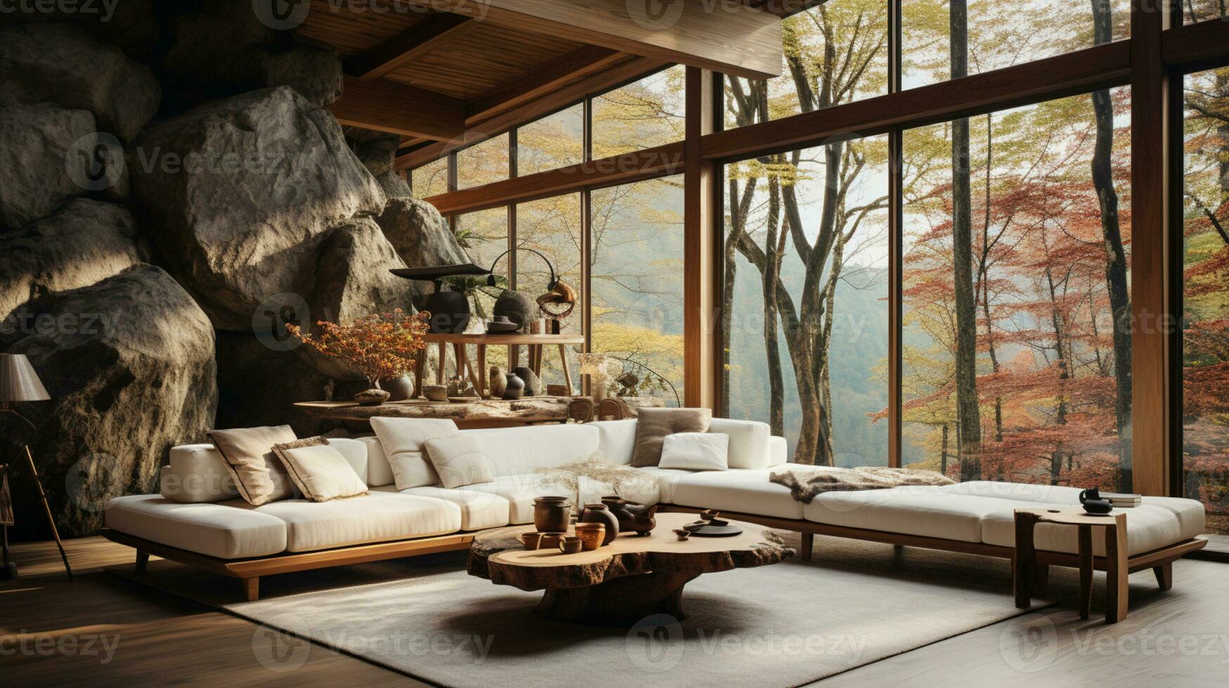 Interior Design, Minimalistic Living room with serene nature view, Beautiful villa design in the forest, AI Generative photo