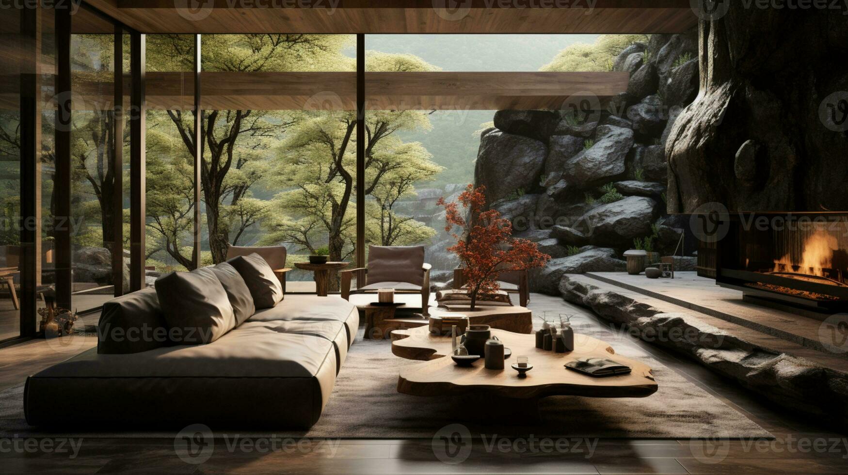 Interior Design, Living room with serene nature view, Beautiful mansion design in the forest, AI Generative photo