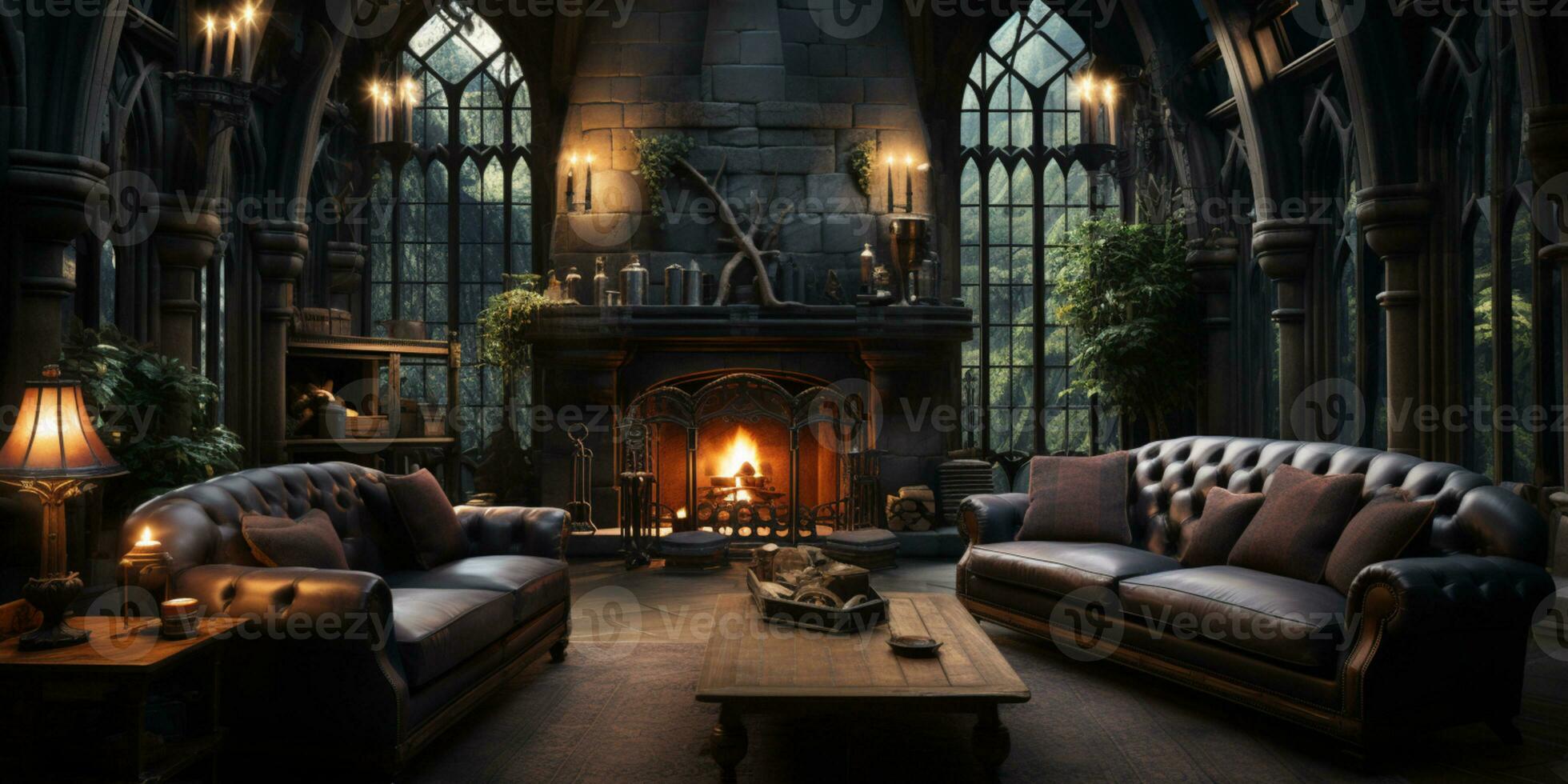 Interior Design, Beautiful Living room Gothic Style, Luxury Mansion, Elegant tall window, AI Generative photo