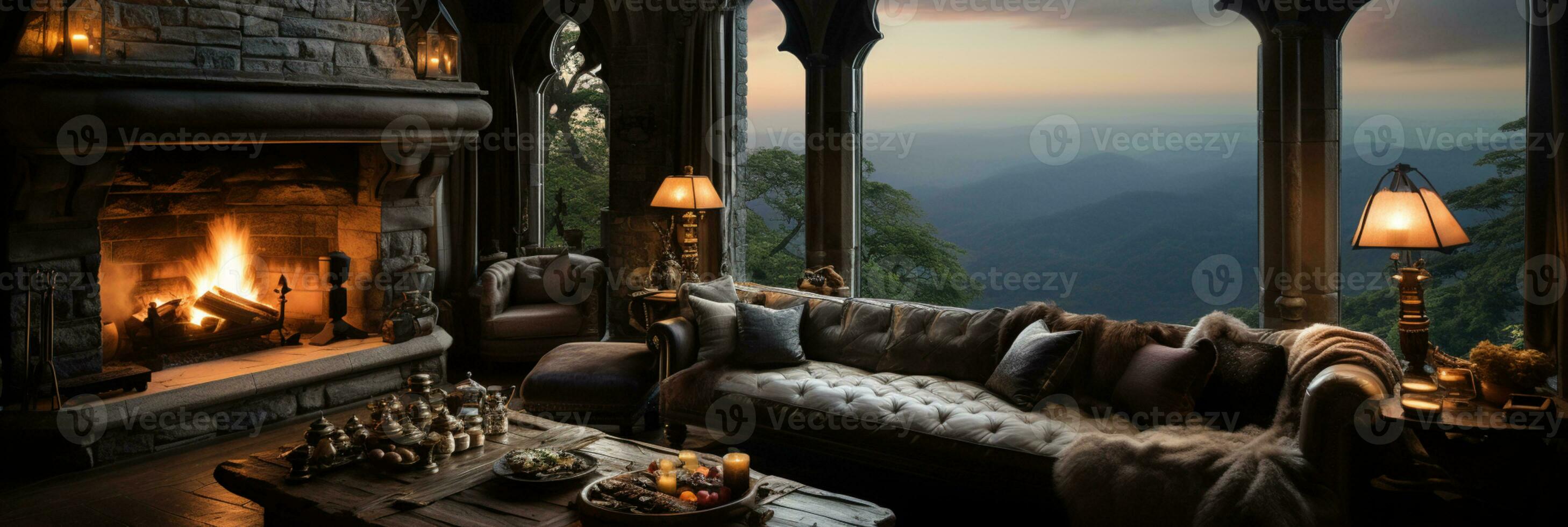 Interior Design, Beautiful Living room Gothic Style, Luxury Mansion, Elegant tall window, AI Generative photo