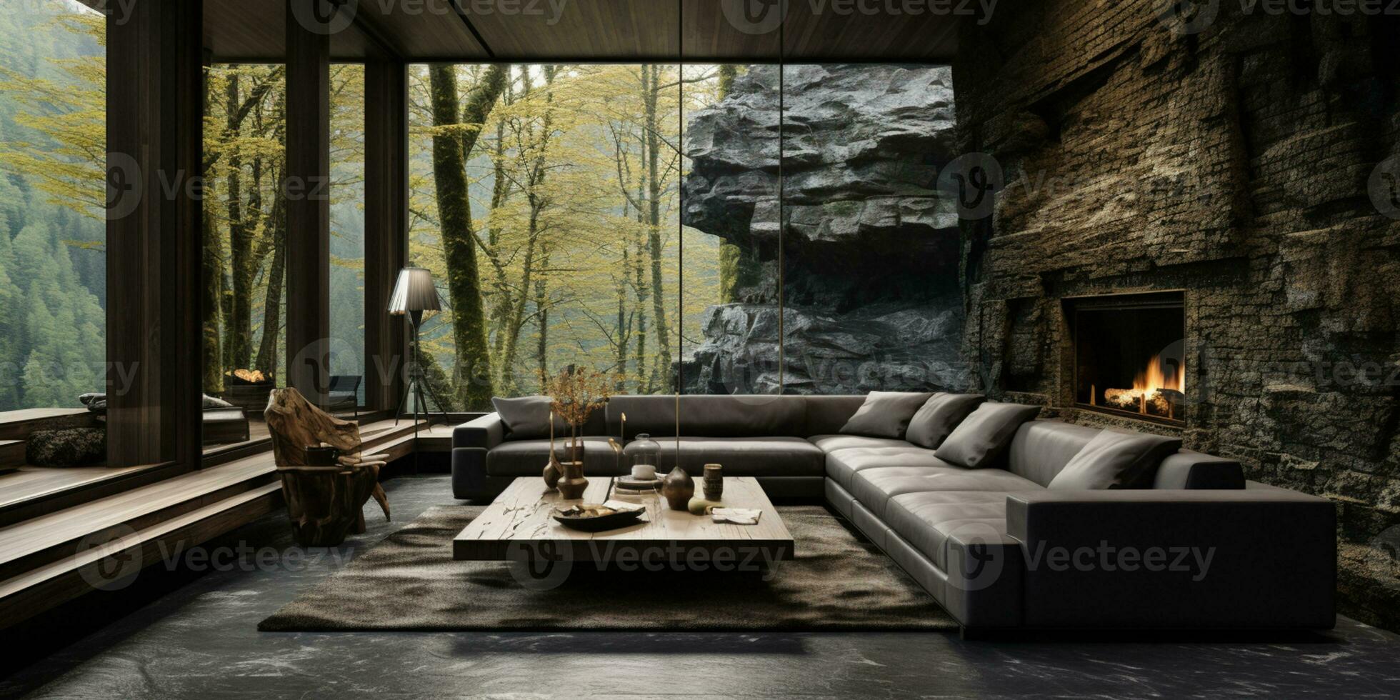 Interior Design, Living room with serene nature view, Beautiful mansion design in the forest, AI Generative photo