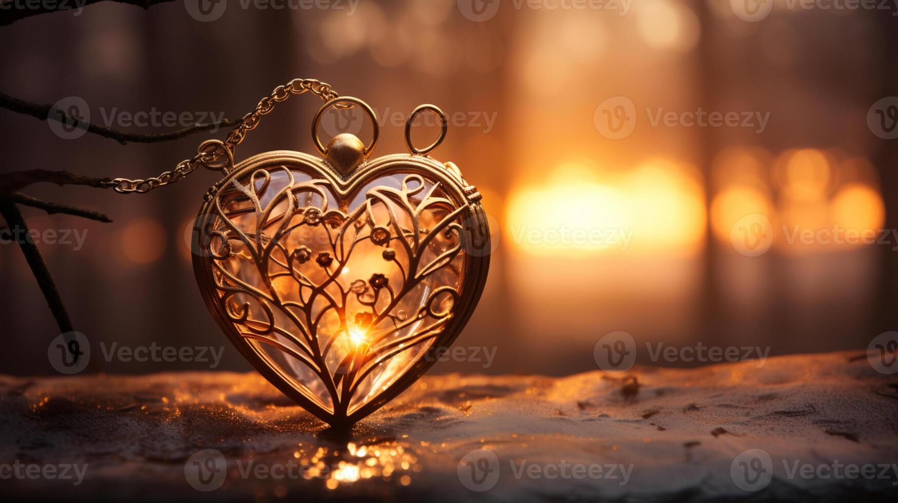 brillar brillante corazón reflejado luces, naranja y oro, cautivador visual, romántico escenario, soñador, Copiar espacio, saludo tarjeta, ai generativo foto