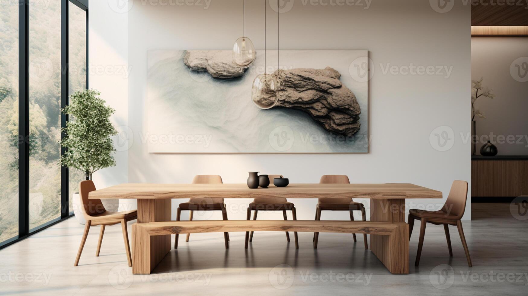 Minimal dining room, bright dining area, interior design, AI Generative photo