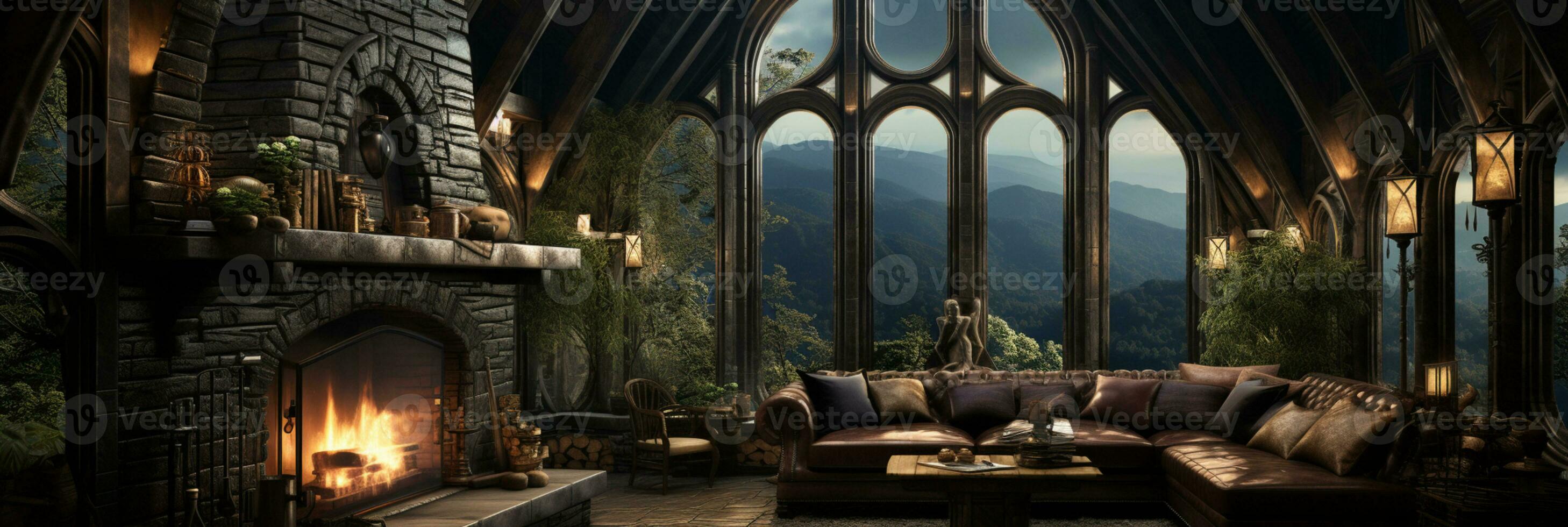 Interior Design, Beautiful Living room Gothic Style, Luxury Mansion, Elegant tall window, AI Generative photo