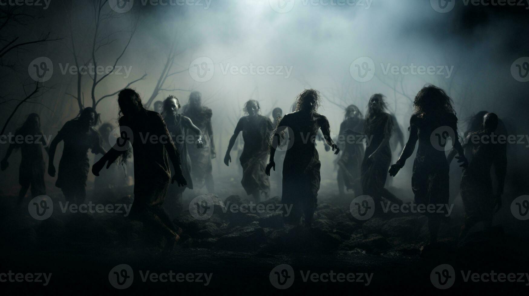 Ghost scenery Halloween background, Zombie Apocalypse, scary haunted cemetery, AI Generative photo