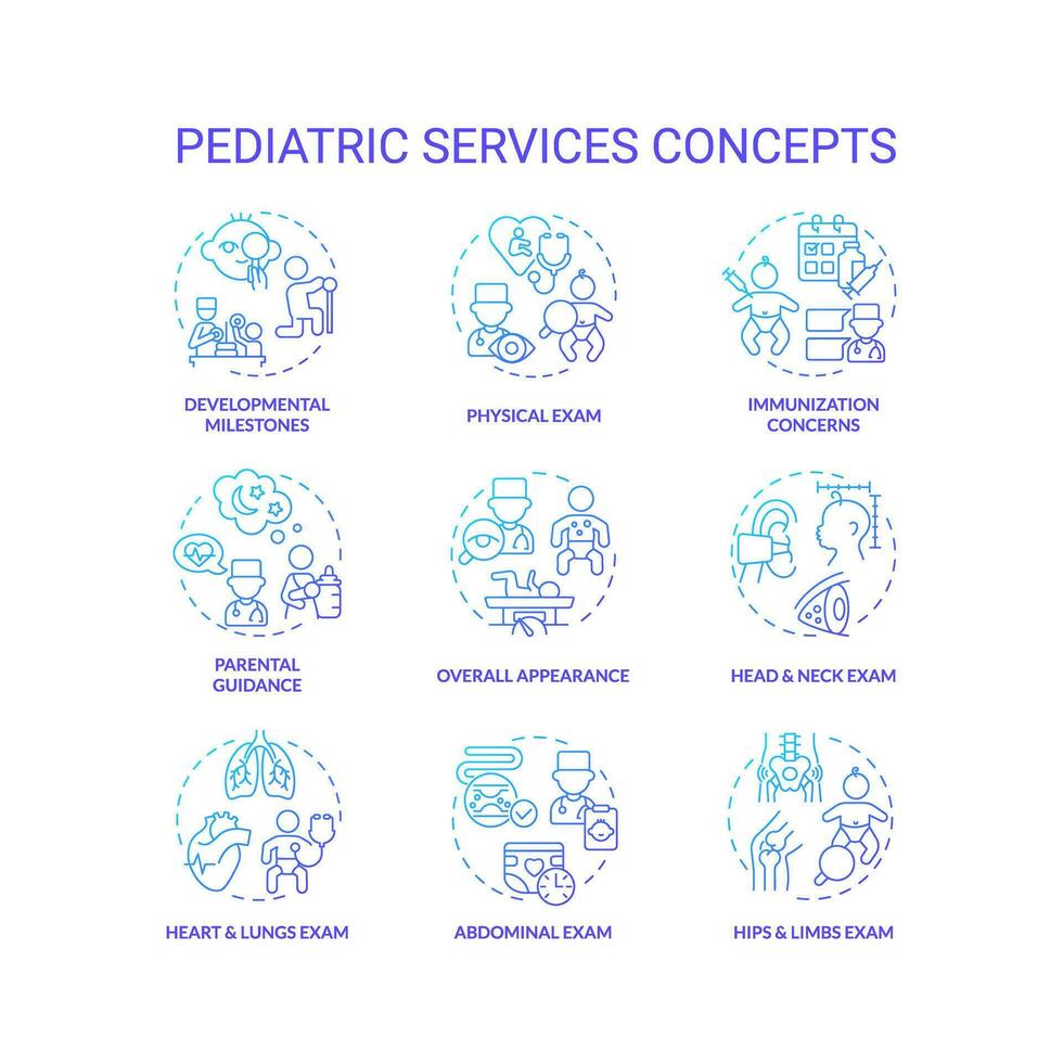 Pediatric services blue gradient concept icons set. Child development. Health care. Childhood illness. Baby doctor. Childcare center idea thin line color illustrations. Isolated symbols vector