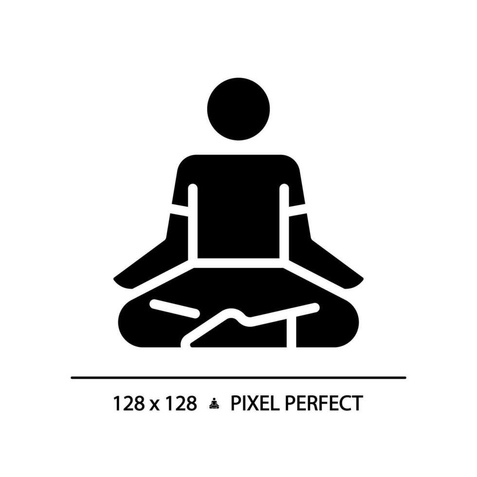 2D pixel perfect silhouette glyph style lotus position icon, isolated vector, meditation illustration, solid pictogram. vector