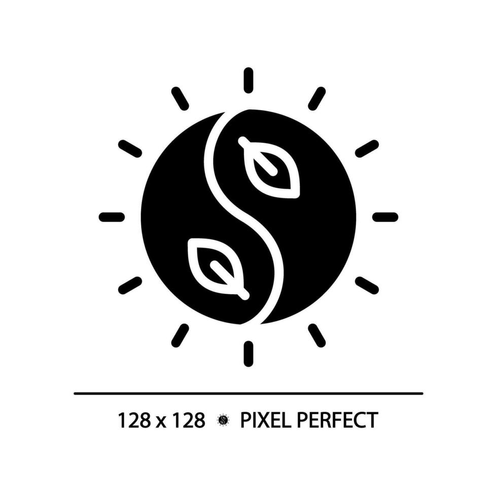 2d píxel Perfecto silueta glifo estilo yin y yang icono, aislado vector, meditación ilustración, sólido pictograma. vector
