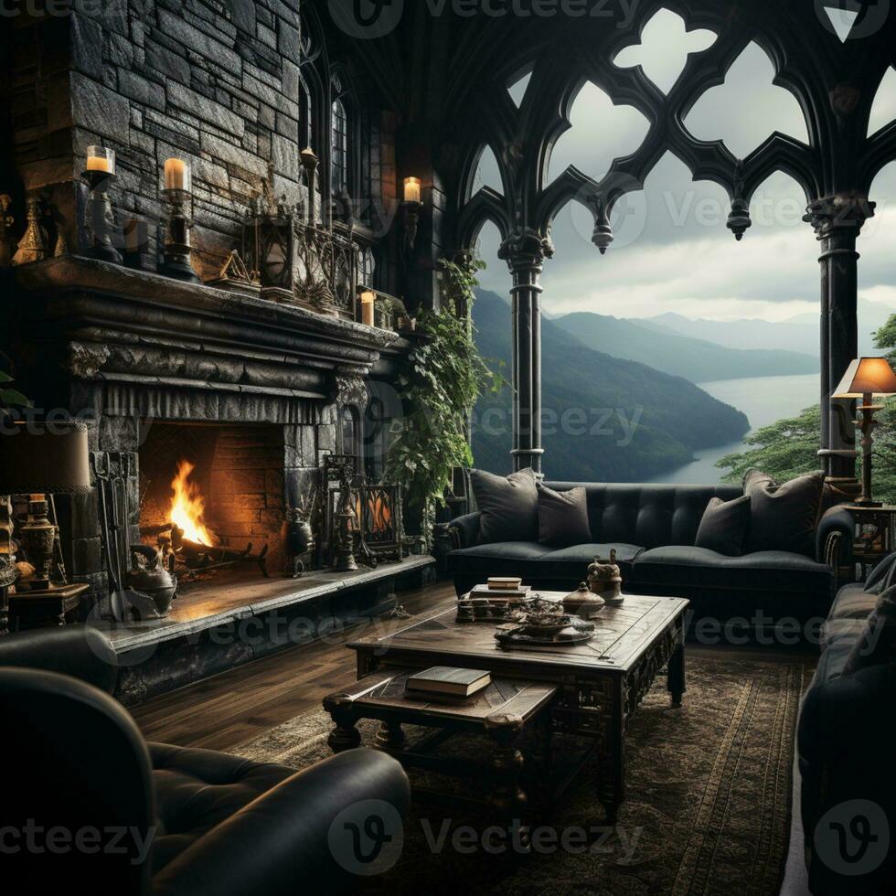 Interior Design, Beautiful Living room Gothic Style, Luxury Mansion, Elegant tall window, AI Generative photo
