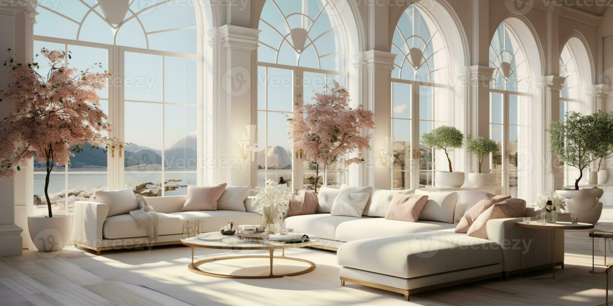 Interior Design Luxurious modern Living room, minimal tall window, Cozy sofa, serene nature scenery, Elegant villa, AI Generative photo