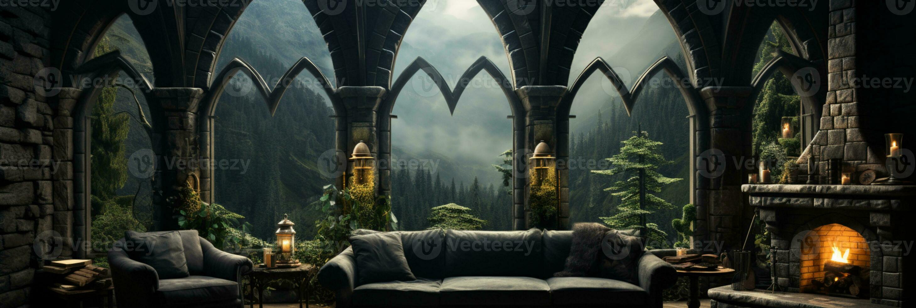 Interior Design, Beautiful Living room Gothic Style, Luxury Mansion, Elegant tall window, AI Generative photo